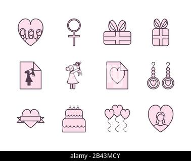 Linea stile icona Set design, Happy mamme giorno amore relazione decorazione saluto celebrazione e tema invito illustrazione vettore Illustrazione Vettoriale