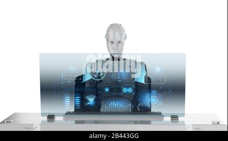 Concetto di lavoratore di automazione con il rendering 3d femmina cyborg che lavora in ufficio Foto Stock