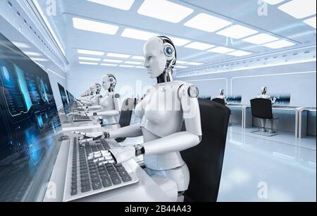 Concetto di lavoratore di automazione con ciborgs femminile di rendering 3d che lavora in ufficio Foto Stock