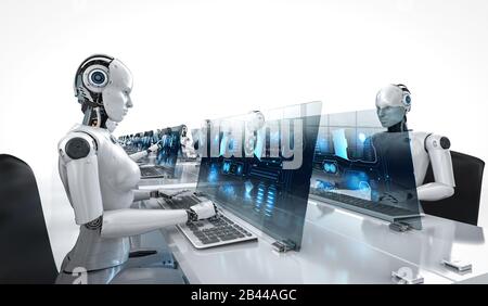 Concetto di lavoratore di automazione con ciborgs femminile di rendering 3d che lavora in ufficio Foto Stock