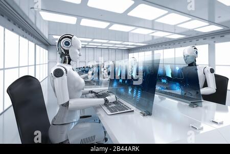 Concetto di lavoratore di automazione con ciborgs femminile di rendering 3d che lavora in ufficio Foto Stock
