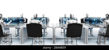 Concetto di lavoratore di automazione con ciborgs femminile di rendering 3d che lavora in ufficio Foto Stock