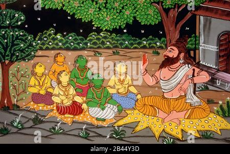 Guru che siede sotto gli allievi di insegnamento dell'albero ; pittura di miniatura ; Bengala occidentale ; India ; Asia Foto Stock