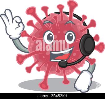 Charming coronavirus malattia personaggio cartone animato design indossando cuffie Illustrazione Vettoriale