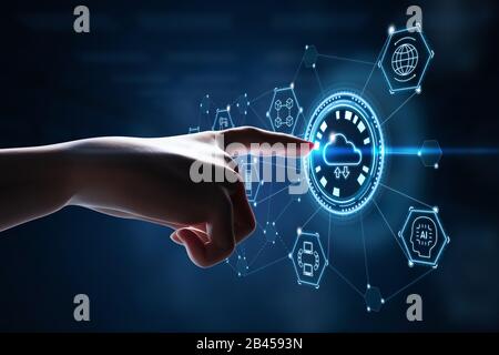Concetto di tecnologia di cloud computing con il rendering 3d del dito umano sul display grafico Foto Stock