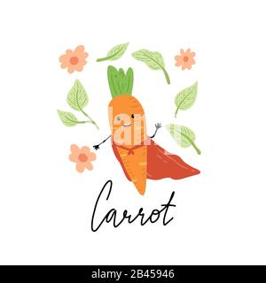 Carota divertente super eroe personaggio cartone animato. Illustrazione del vettore isolata. Concetto di cibo sano, vegetariano. Carota hanno astratto, semplice cartone animato, stile disegnato a mano. Illustrazione Vettoriale