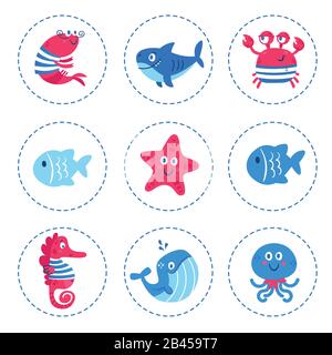 Set di animali marini pesce squalo balena polipo stella cavalluccio marino granchio. Illustrazione Vettoriale