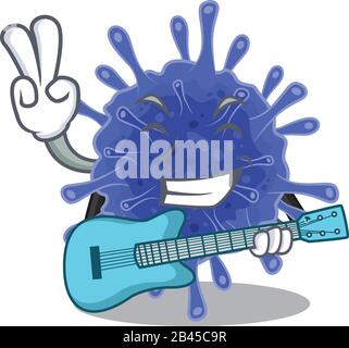 Supper raffreddare batteri coronavirus cartone animato suonare una chitarra Illustrazione Vettoriale