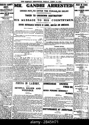 Notizie Mahatma Gandhi sulla prima pagina del giornale inglese The Bombay Chronicle, 11 aprile 1919, Bombay, Mumbai, Maharashtra, India, Asia, vecchia immagine del 1900 Foto Stock