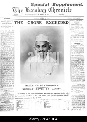 Notizie Mahatma Gandhi sulla prima pagina di copertina del giornale Bombay Chronicle, Bombay, Mumbai, Maharashtra, India, Asia, 1 luglio 1921, vecchia immagine del 1900 Foto Stock