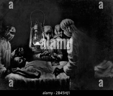 Mahatma Gandhi appendicitis operazione pittura dove improvvisamente l'elettricità è andato e l'operazione ha continuato utilizzando la lampada del kerosene, India, gennaio 1924, vecchia immagine del 1900 vintage Foto Stock