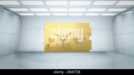 3d rendering del vault interno con porta dorata chiusa Foto Stock