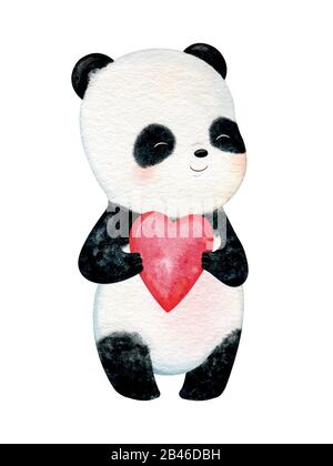 Piccolo panda carino con guance di rose. Illustrazione acquerello dipinta a mano Foto Stock