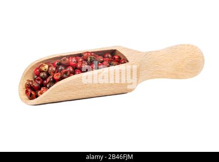 Peperone rosso in un cucchiaio di legno su sfondo bianco Foto Stock