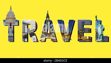 Travel text Masking con USA East Famous Place su sfondo giallo, Capitol Building Washington DC, Chicago, Fan Pier Boston, Philadelphia City Hall, Foto Stock