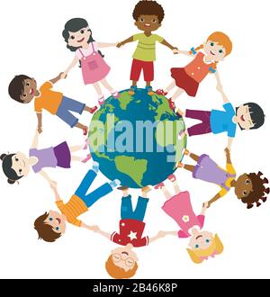 Terra globo con un gruppo di diversi bambini multietnici in un cerchio sorridente e tenere le mani. Diversità e cultura. Unità e amicizia. Comunità. Illustrazione Vettoriale