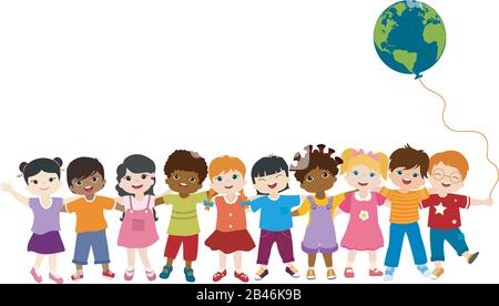 Comunicazione gruppo isolato di diversi bambini multietnici che si stanno in piedi insieme e si tengono l'uno con l'altro. Diversità e cultura. Unità e amicizia. Illustrazione Vettoriale