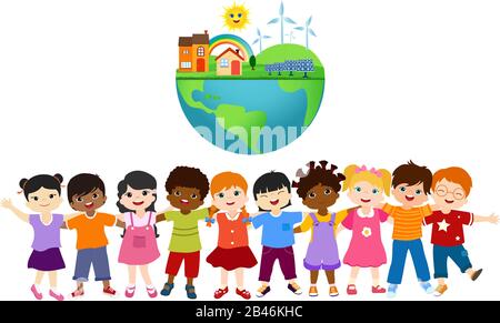 Gruppo di bambini diversi e multietnici che si abbracciano l'un l'altro.unità per un mondo ecologico con energia eco e sostenibile.salvare il nostro pianeta.Globe Illustrazione Vettoriale