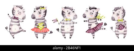 Carino set di ritratti zebra bambino. Acquerello vivaio cartoon giungla animali cavallo. Adorabile banner set safari Nurseries Foto Stock