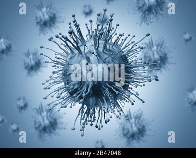 Gruppo di cellule di coronavirus. Illustrazione 3D della mutazione concettuale di Covid-19 Foto Stock