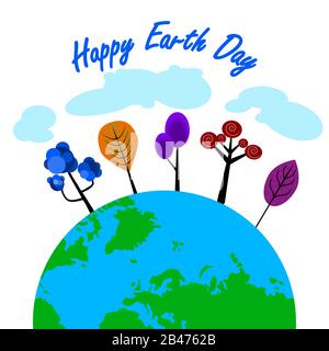 Alberi decorativi, pianeta terra, nuvole e testo semplice isolato su sfondo bianco. Banner Happy Earth Day, card. Concetto di giornata mondiale. Vettore stock Illustrazione Vettoriale