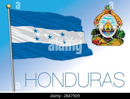 Bandiera nazionale ufficiale dell'Honduras e stemma, america centrale, illustrazione vettoriale Illustrazione Vettoriale