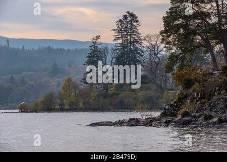 Friars Crag e Derwent Island visti da Strandshag Bay, Keswick, Lake District National Park, Cumbria, Regno Unito, in una serata di aprile. Foto Stock