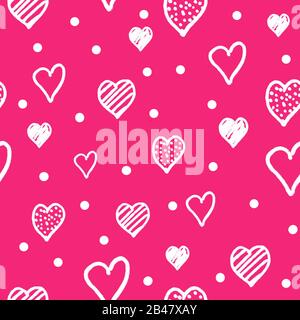 Cute doodle stile cuori senza cuciture modello. San Valentino sfondo scritto a mano. Pennarello disegnato con forme e sagome del cuore diverse. Disegnato a mano Foto Stock