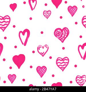 Cute doodle stile cuori senza cuciture modello. San Valentino sfondo scritto a mano. Pennarello disegnato con forme e sagome del cuore diverse. Disegnato a mano Foto Stock