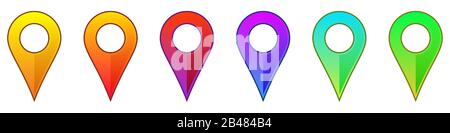 Set di icone dei pin di posizionamento. Icone di navigazione colorate. Icone del puntatore della mappa isolate. Illustrazione del vettore. Illustrazione Vettoriale