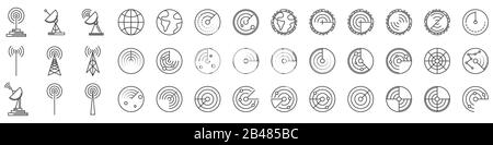 Icone radar. Set di icone della schermata Radar. Illustrazione del vettore. Icone lineari radar isolate. Illustrazione Vettoriale