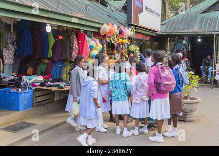 Nuwara Eliya, Sri Lanka: 20/03/2019: Tradizionale mercato del carbone con i bambini delle scuole che parlano insieme. Foto Stock