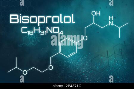 Formula chimica di Bisoprolol su sfondo futuristico Foto Stock