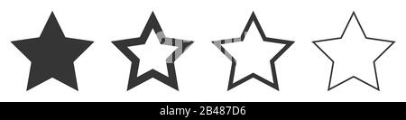 Icone dei vettori stellari. Set di simboli a stella su sfondo bianco. Illustrazione del vettore. Varie cinque stelle nere appuntite Illustrazione Vettoriale