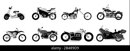 Set di moto o moto, bici o ciclo estremo. Scooter da strada retrò e moderno incrociatore o ciclomotore. Collezione trasporti per corse su strada. Illustrazione Vettoriale