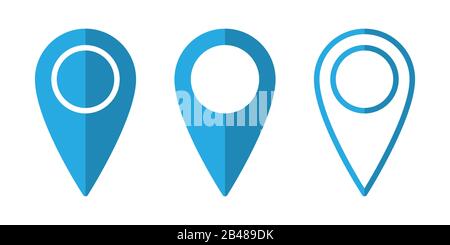 Set di icone di posizione in stile piatto. Icone del puntatore della mappa isolate. Icone di navigazione a colori. Illustrazione del vettore. Illustrazione Vettoriale