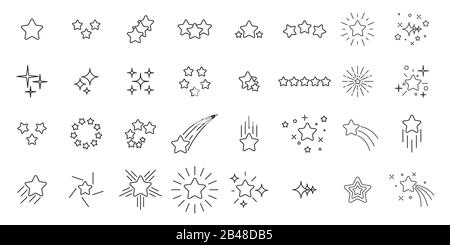 Set di icone stelle. Stelle lineari isolate. Delineano stelle cadenti in un design piatto. Illustrazione Vettoriale