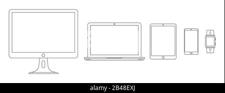 Icone del dispositivo. Set di icone lineari del dispositivo. Illustrazione vettoriale in stile a linea sottile. Set di icone dei dispositivi di contorno. Illustrazione Vettoriale