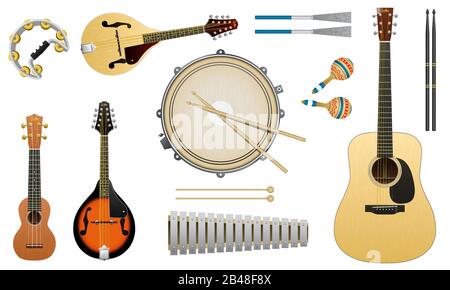 Strumenti acustici musicali. Chitarra Stringa Ukulele Batteria Metallofone Domra Balalaika O Mandolin. Set di elementi per poster e banner da concerto. Illustrazione Vettoriale