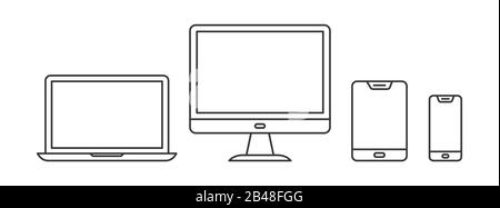 Set di icone lineari del dispositivo. Delineare le icone dei dispositivi. Illustrazione del vettore. Gadget in stile sottile. Illustrazione Vettoriale