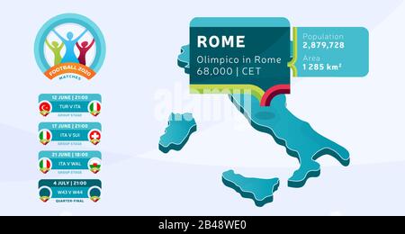 Mappa isometrica Italia con tag a Roma stadio che si terrà partite di calcio vettore illustrazione. Calcio 2020 fase finale del torneo infog Illustrazione Vettoriale