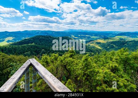 Alta montagna Tatra dal Monte Wysoka (Vysoke Skalky), Pieniny - frammento visibile delle barriere del punto di vista, confine Slovacchia-Polonia Foto Stock