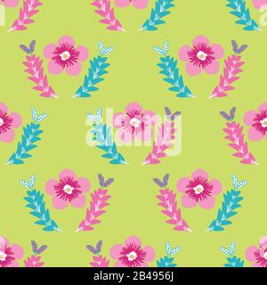 Fiore tropicale senza cuciture modello vettoriale. Disegnato a mano fiori rosa stilizzati e foglie sfondo geometrico. Moderno motivo floreale luminoso caldo estate tutto Illustrazione Vettoriale