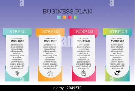 Illustrazione di business plan, infografica, quattro passi, icona e sfondo colorato ed elementi Illustrazione Vettoriale