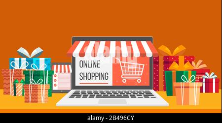 Illustrazione dello shopping online , con presente, notebook, tablet e bel background Illustrazione Vettoriale