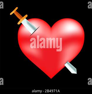 Illustrazione del cuore con la spada, con sfondo nero vettore Illustrazione Vettoriale