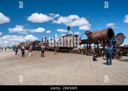 Il cimitero ferroviario vicino Uyuni in Bolivia. Foto Stock