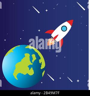 Illustrazione dello spazio con terra e razzo - vettore di disegno piatto Illustrazione Vettoriale