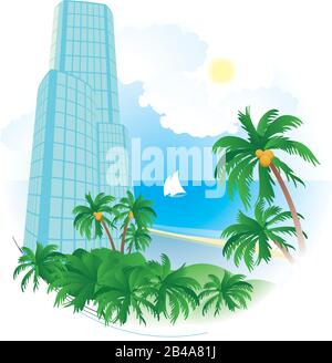 Illustrazione di un hotel con palme, mare e spiaggia, con un bel vettore di sfondo Illustrazione Vettoriale