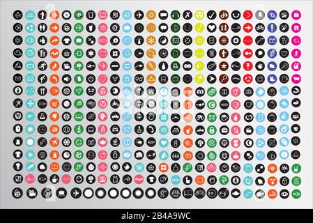 Set Di 360 Icone Minimal Colorate (Multimedia, Business, Ecologia, Istruzione, Famiglia, Medico, Fitness, Shopping, Costruzione, Viaggi, Hotel ) Illustrazione Vettoriale